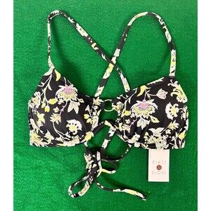 NEW Shade & Shore Women's Underwire Tie Cross Bikini Top Black Floral Print 34B